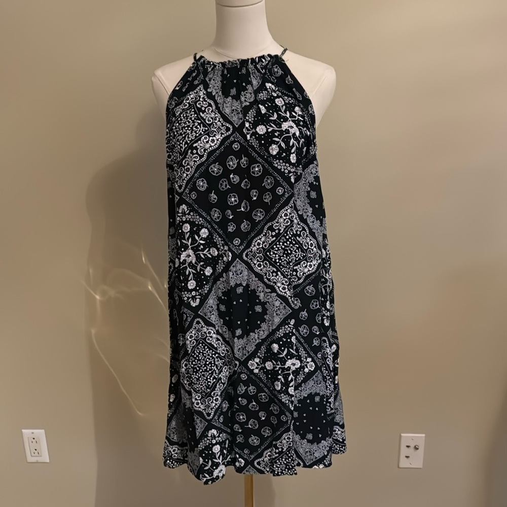 LOFT Bandana Print Navy and White Halter Dress XS